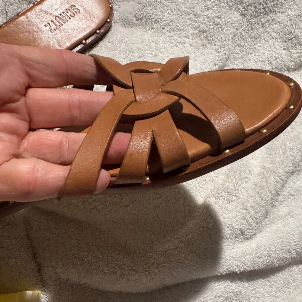 Schultz Phoenix Flat. Brown Leather. Size 8 tan brown slides slip on sandal trav - Picture 14 of 14